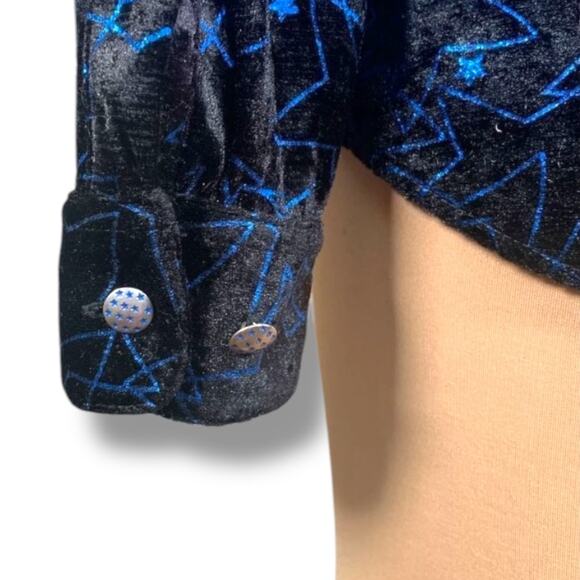 Vintage Wrangler Star Print Velvet Western Shirt Small Black Blue Long Sleeve - Picture 4 of 10